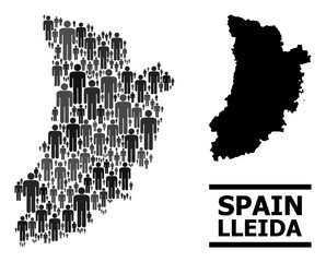 Map of Lleida Province for demographics promotion. Vector demographics mosaic. Abstraction map of Lleida Province composed of people elements. Demographic scheme in dark gray color tinges.