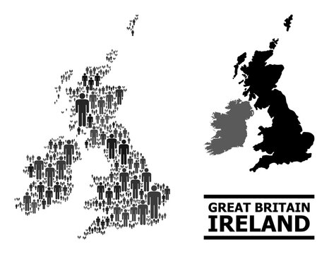 Map of Great Britain and Ireland for demographics applications. Vector demographics mosaic. Mosaic map of Great Britain and Ireland done of person items. Demographic scheme in dark gray color tints.