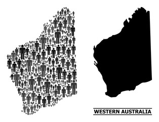Map of Western Australia for social promotion. Vector demographics collage. Collage map of Western Australia created of person pictograms. Demographic scheme in dark gray color variations.