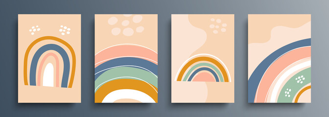Set of rainbows. Hand drawn color rainbow bridge backgrounds collection in minimalist scandinavian style. Vector illustration.