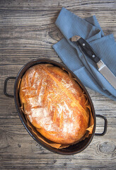 Freshly baked homemade bread in the bread pan