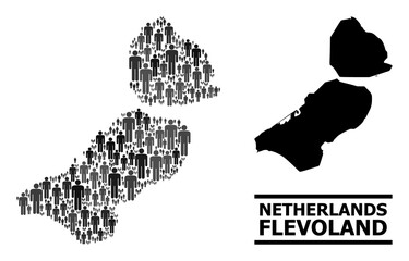 Obraz premium Map of Flevoland Province for politics proclamations. Vector population collage. Pattern map of Flevoland Province made of population icons. Demographic concept in dark grey color tones.