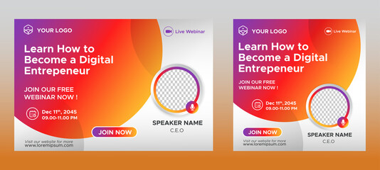 Digital Business Entrepeneur live webinar banner invitation and social media post template. Business webinar invitation design. Vector EPS	
