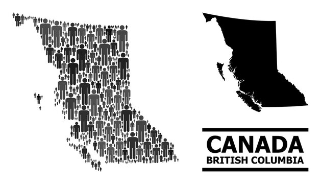 Map of British Columbia Province for social agitprop. Vector nation abstraction. Concept map of British Columbia Province made of human elements. Demographic concept in dark grey color shades.