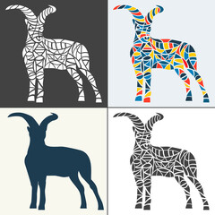 Goat logo sketch.  Black silhouette and illustration in tattoo style. Agricultural design for farms, food processing and organic farming. Vector outline illustration.