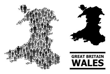 Map of Wales for political posters. Vector population mosaic. Concept map of Wales created of people icons. Demographic concept in dark gray color tones.