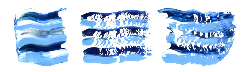 Hand drawn brush smear set isolated on white. Dark blue and light blue colors. Wave shape art strokes