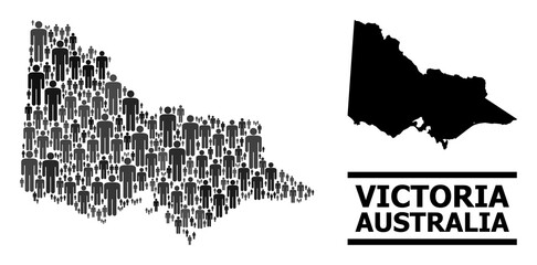 Obraz premium Map of Australian Victoria for national purposes. Vector demographics abstraction. Abstraction map of Australian Victoria combined of human icons. Demographic scheme in dark gray color shades.