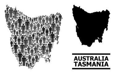Map of Tasmania Island for social doctrines. Vector demographics abstraction. Concept map of Tasmania Island done of social icons. Demographic concept in dark grey color tints. - obrazy, fototapety, plakaty