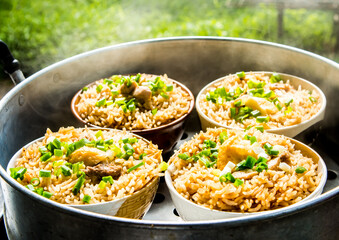 Steaming  rice with chopped chicken  in blow ,  Thai famous food