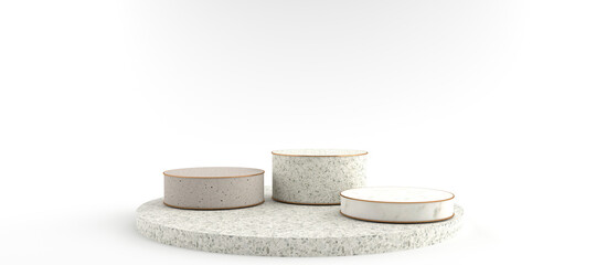 3D rendering of Round marble pedestal, Podium for display product on the white floor. Pedestal can be used for commercial advertising, Isolated on white background, Product Presentation, illustration.