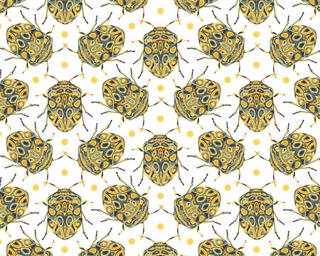 Seamless pattern with decorative illustrations of beetle insects on a white background, in a mosaic repeat.