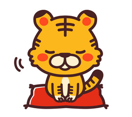 座布団に座る虎のかわいいキャラクター　お辞儀　イラスト