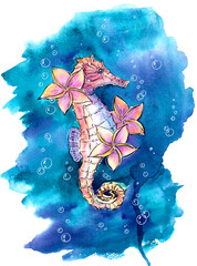 Vivid illustration of a seahorse in the sea on a white background for prints - obrazy, fototapety, plakaty
