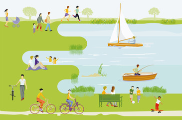 Naklejka premium Freizeit und Erholung am See illustration, vector