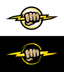 Hand holds lightning, logo on dark and light background. Vector illustration.