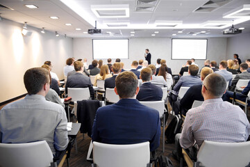 Group of people at the business conference, back view. Row of business people  listen to the...