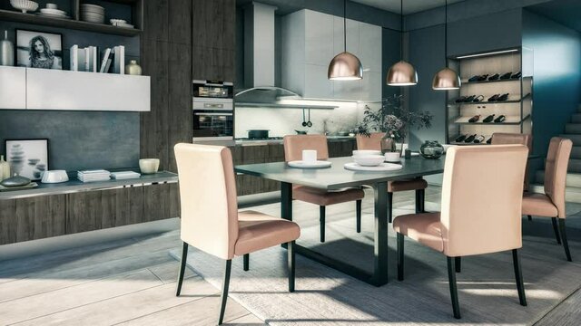 Cute Open Area Kitchen - loopable 3d visualization