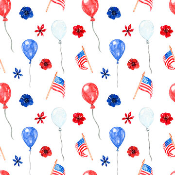 4th of July seamless pattern. Hand painted watercolor red, white and blue balloons, US flags and flowers on white background. Patriotic american print. Festive holiday wallpaper.