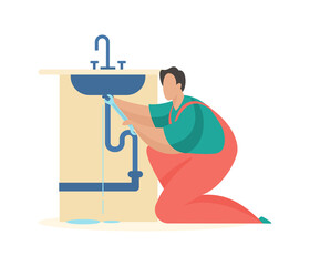 Repair of drain pipe mixer. Uniformed man tightens screws repair leak on water tube. Plumbing service with professional maintenance. Checking taps and sewerage. Vector flat illustration