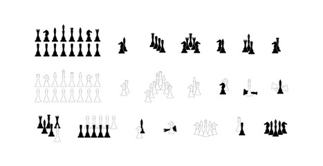 Collection of chess pieces. Set of vector black and white chess icons. Illustration of different chess pieces on a white background. King, queen, rook, knight, bishop and pawn.