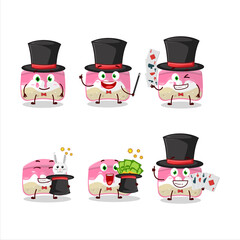 A strawberry cake Magician cartoon character perform on a stage