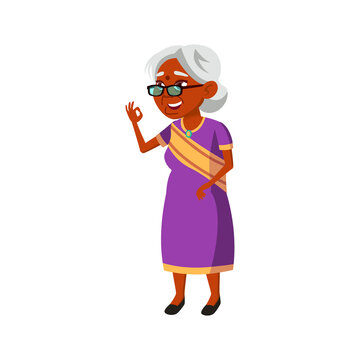 Old Indian Woman Gesturing Ok To Grandchildren In Park Cartoon Vector. Old Indian Woman Gesturing Ok To Grandchildren In Park Character. Isolated Flat Cartoon Illustration