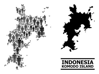 Map of Komodo Island for demographics purposes. Vector demographics collage. Pattern map of Komodo Island designed of people items. Demographic scheme in dark gray color tints.