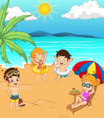 Group of cartoon happy kids at the beach