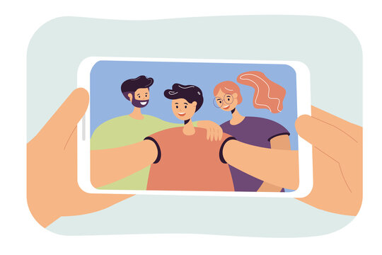 Young boy taking selfie with parents. Hands holding phone with photo of son, mother and father flat vector illustration. Family, relationship concept for banner, website design or landing web page