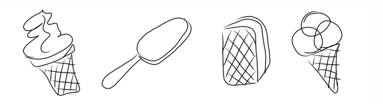 Set of Ice Cream icons. Hand drawind illustration, sketch, isolated, white background