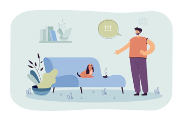 Man angry with mess made by dog. Male character pointing angrily at puppy who pooped on sofa. Screaming at pet. Keeping animals concept for banner, website design