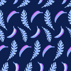 Vector seamless pattern of blue bananas and leaves on a dark background. Tropical pattern.
