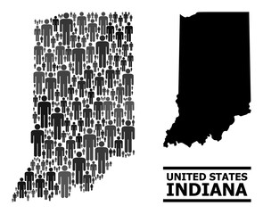 Map of Indiana State for demographics agitation. Vector demographics abstraction. Pattern map of Indiana State done of person elements. Demographic scheme in dark grey color variations. - obrazy, fototapety, plakaty