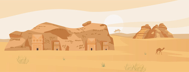 Saudi Arabia Desert Landscape With Ancient Tombs Of Al Ula. Hegra Ancient Village. Sand Rocks. Flat Vector Illustration. - obrazy, fototapety, plakaty