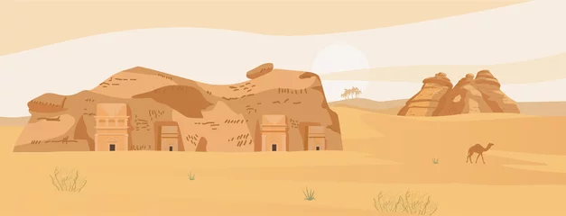 Fotobehang Saudi Arabia Desert Landscape With Ancient Tombs Of Al Ula. Hegra Ancient Village. Sand Rocks. Flat Vector Illustration. © Александра Гвардейце