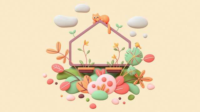 Fluffy red cat lies on balcony enjoying nature, warm spring days. Floating cute magic frame in colorful garden, green leaves of bushes, flying bubbles. 3d render in minimal art style on beige backdrop