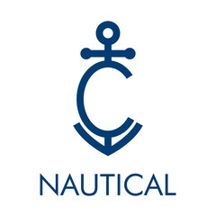 Logotipo con ancla de barco con forma de letra inicial C y texto Nautical en color azul - obrazy, fototapety, plakaty