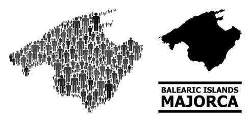 Map of Majorca for national purposes. Vector nation collage. Collage map of Majorca created of population pictograms. Demographic scheme in dark grey color tints.