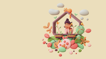 Charming kawaii brunette girl leans on the windowsill, resting her chin on her hands, looks out at yellow bird. Floating balcony with orange cat, green red leaves bushes. 3d render on beige backdrop