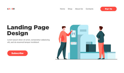 Storehouse employee operating conveyor machine. Men watching carton boxes moving on belt flat vector illustration. Logistics, shipment concept for banner, website design or landing web page