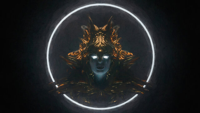 Digital illustration of floating bust of beautiful crying pale-faced vampire girl with smeared mascara, white eyes, wears bronze helmet on dark scene with fog glowing futuristic circle. Fantasy world