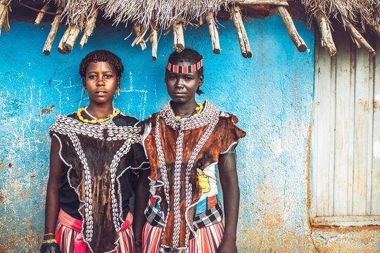 Beautiful women of Banna tribe wearing authentic clothes and acc