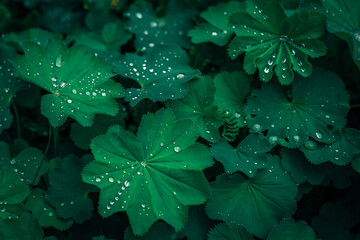 Fototapeta ozdobne zielone liście z kroplami wody po deszczu  obraz