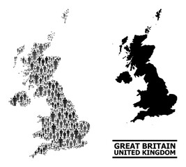 Map of United Kingdom for demographics projects. Vector demographics abstraction. Abstraction map of United Kingdom composed of person elements. Demographic scheme in dark grey color tints.