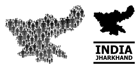 Map of Jharkhand State for demographics purposes. Vector demographics collage. Composition map of Jharkhand State made of crowd pictograms. Demographic scheme in dark grey color tints.