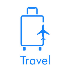 Logotipo con texto Travel y silueta de avión con trayectoria con forma de maleta de ruedas con lineas en color azul
