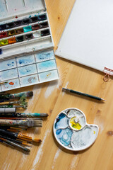 Watercolor, brushes and pallet for drawing, artist's tools
