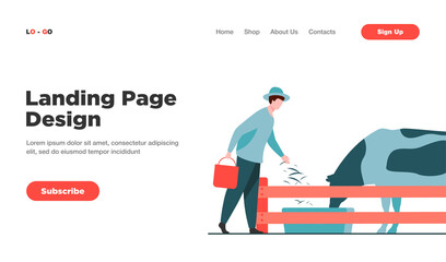 Farmer feeding cow with grass. Milk, cattle, breeding flat vector illustration. Livestock and animal farm concept for banner, website design or landing web page