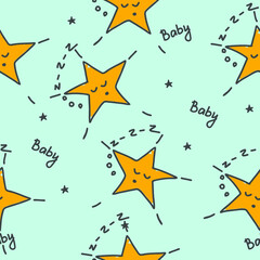 Children's seamless pattern with stars. The background for textile, pajamas, children's clothing. Hand-drawn vector illustration. The simple cute cartoon pattern.